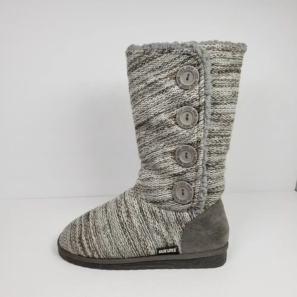 Muk Luks Liza Womens Size 9 Gray Knit Pull On Side Buttons Casual Slipper Boots